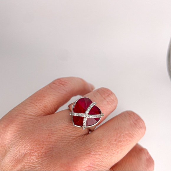 Sterling Silver Lab Created Ruby Heart Shaped Ring with Crisscrossed CZ. Size 5. - Picture 9 of 10